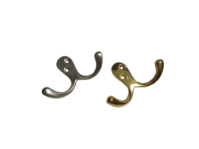 Small Double Brass Hat & Coat Hook in heavy or light variants