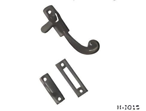 Black antique casement fastener with curled monkeytail handle, mortice plate and hook keep