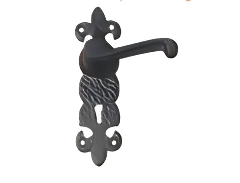 Black antique lever lock pair with keyhole on ornate embossed backplates