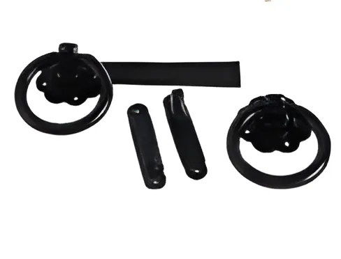 Black antique ring gate latch set with twin rings on flower rosettes, latch bar and keeps
