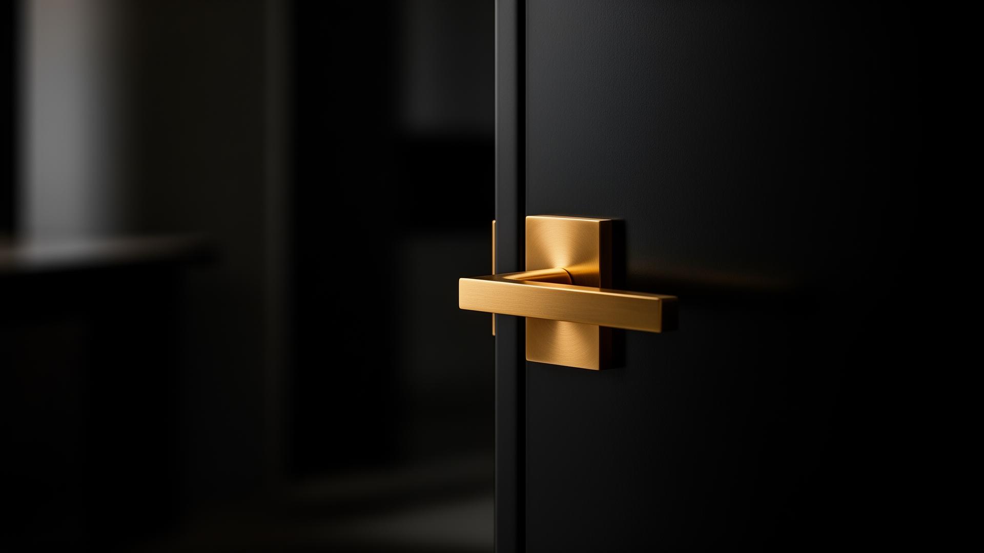 Brushed brass lever handle on matte black door