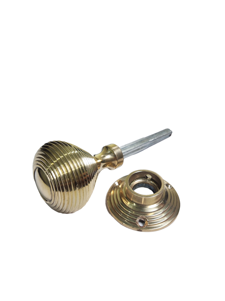 Lining mortice brass door knob pair, modern profile